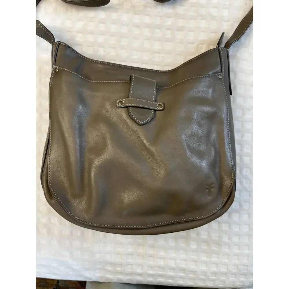 Frye Olivia Large Khaki Leather Crossbody Zip Top Closure Adjustable Strap Boho